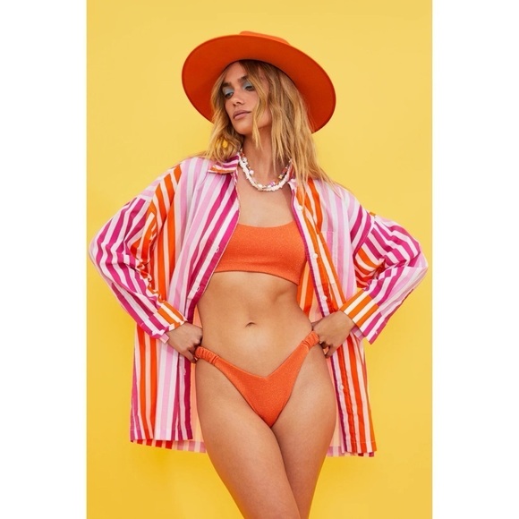 Beach Riot Pink and Orange Striped Button Down Shirt - Picture 3 of 11